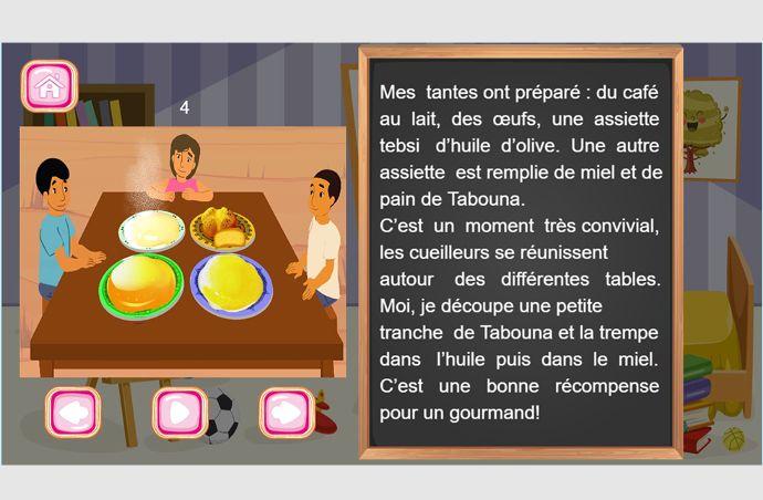Application éducative Africatik décrivant une scène conviviale avec des enfants partageant un repas de Tabouna